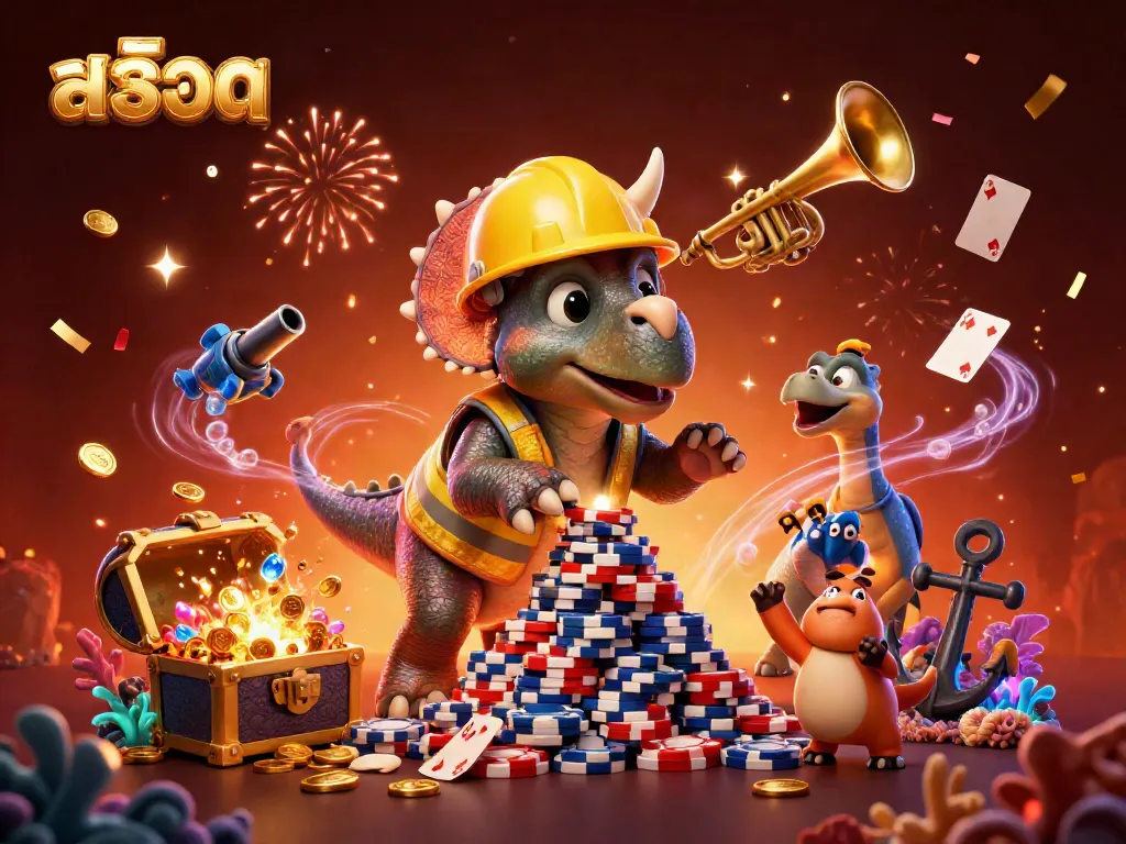 Experience the thrill of สล็อต action with a vibrant 3D scene featuring a triceratops and its friends celebrating victories.