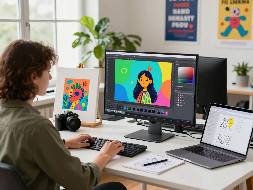 Artist using nano banana pro editor in a vibrant digital art studio.