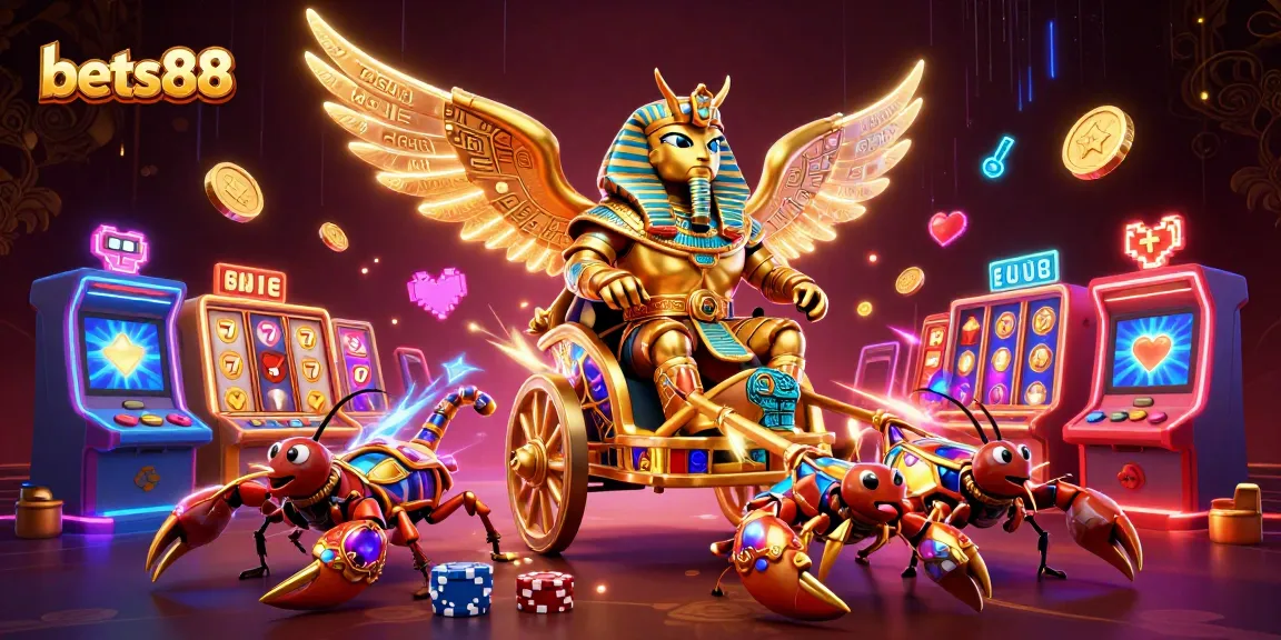 Engage with bets88 by spinning slot reels alongside a colossal scarab beetle in a vibrant casino scene.