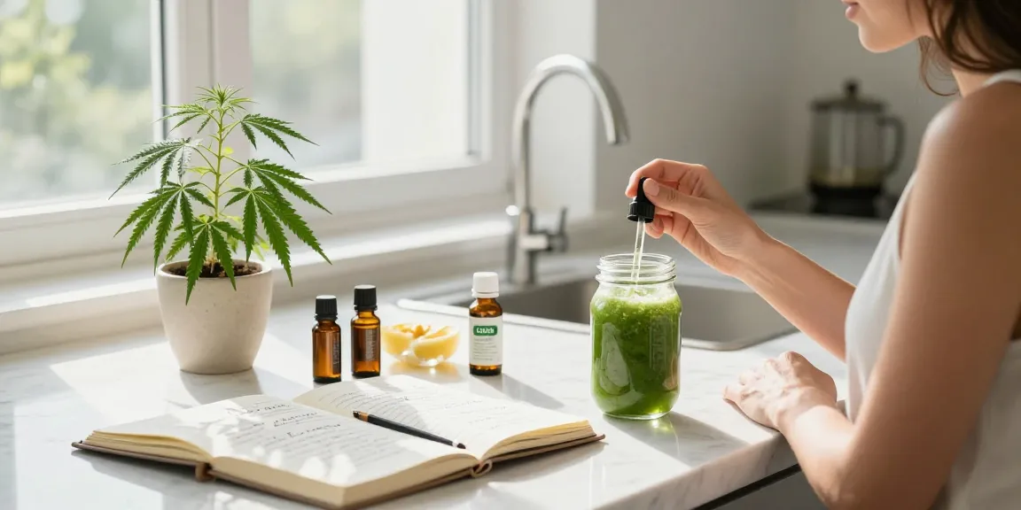 Muha Meds CBD oil tincture in a serene kitchen wellness routine with fresh hemp and natural sunlight.