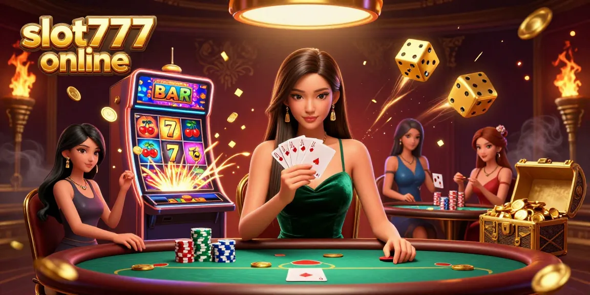 Win with slot777 online as an Asian woman plays cards at a luxurious casino table amidst slot machine excitement.