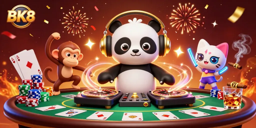 BK8 showcases a lively 3D casino party scene with a DJ panda and friends celebrating in style.