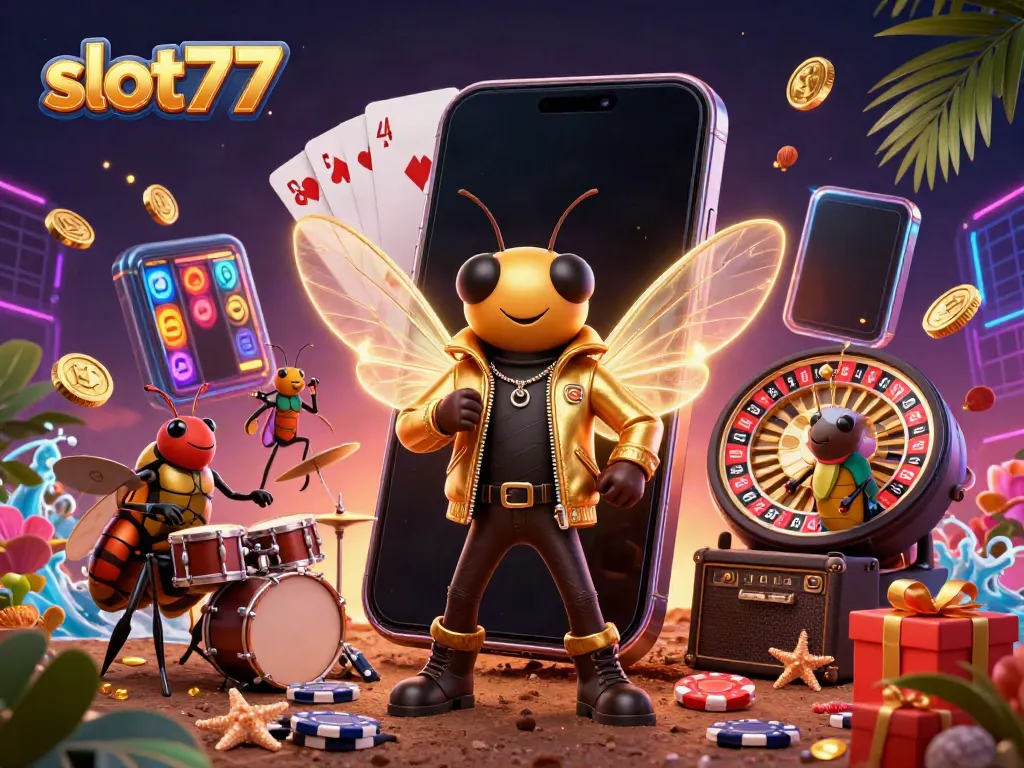 Permainan slot777 memikat dengan karakter unik dan elemen kasino yang berwarna-warni.