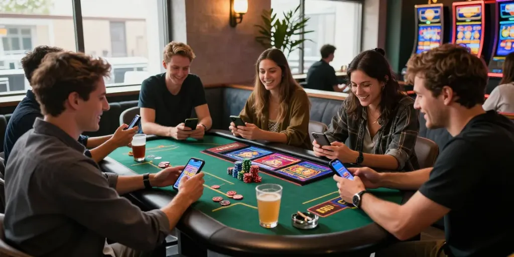 luxury12 gaming scene with friends enjoying slots in a relaxed lounge atmosphere