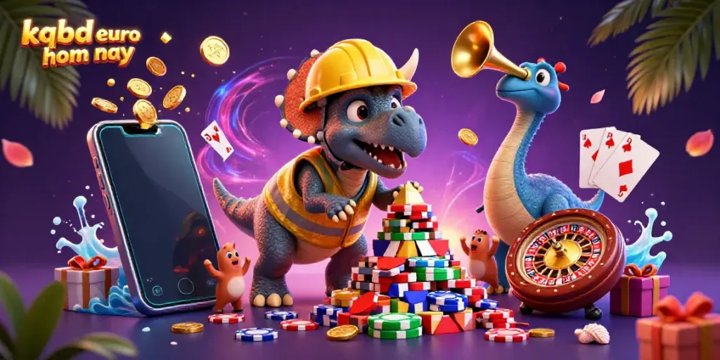 Experience the excitement of kqbd euro hom nay with a vibrant 3D illustration of a triceratops and a parasaurolophus celebrating amidst dynamic casino elements.