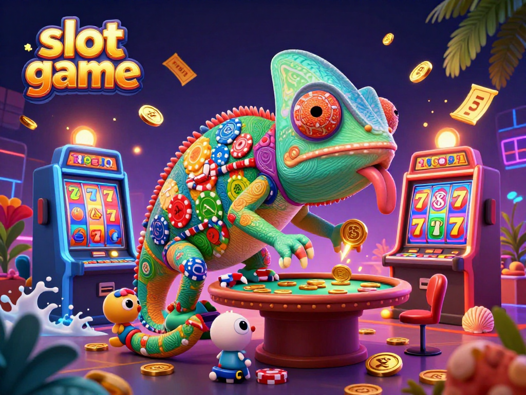 Play exciting slot games with a vibrant scene showcasing chameleon characters and colorful slot machine elements.