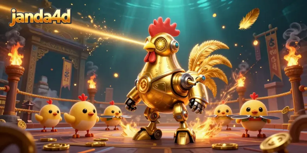 Taruhan menarik di janda4d dengan robot ayam futuristik yang menerangi arena perjudian.