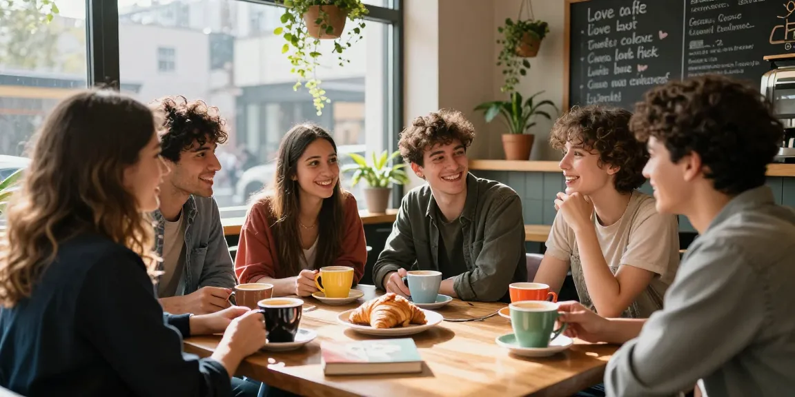 Friends discussing their crush on at a cozy café with warm sunlight and vibrant atmosphere.