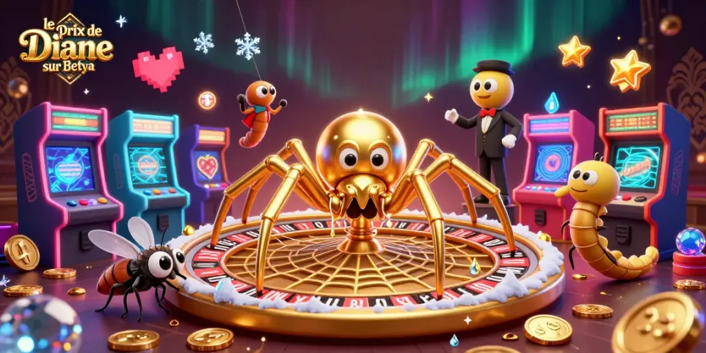 Experience the thrill of le Prix de Diane Longines sur Betya with vibrant gaming elements and cartoon characters in a dynamic casino scene.