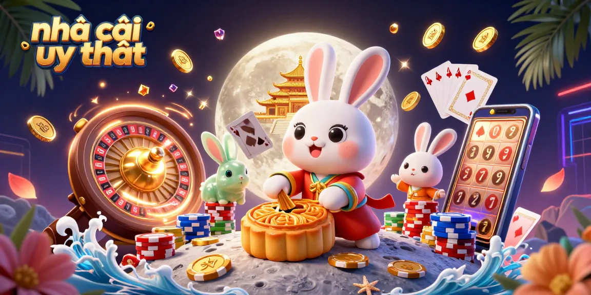 Experience the thrills of nhà cái uy tín under a surreal moonlit night with a cartoon rabbit, poker chips, and dazzling casino elements.