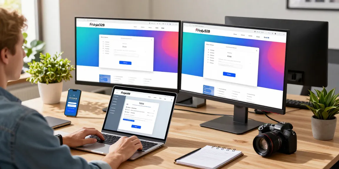 Engaging workspace featuring login raja328 on dual monitors, promoting efficient online experience.