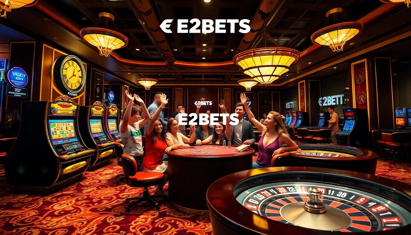 Experience thrilling gambling action with E2BETS at a luxurious casino floor full of excitement.