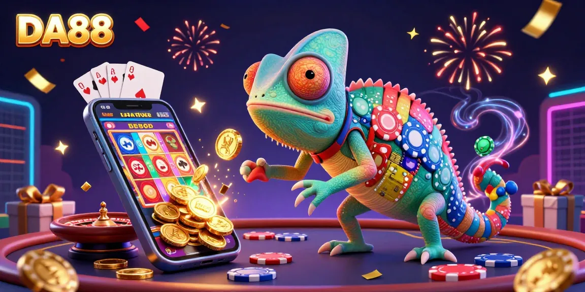 Engage with DA88 through a vibrant 3D illustration showcasing a chameleon casino owner with golden coins and exciting casino elements.