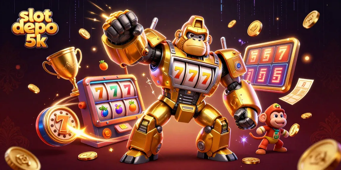 Engage in thrilling gameplay with slot depo 5k featuring a transformer-style gorilla mech amidst dynamic slot elements.