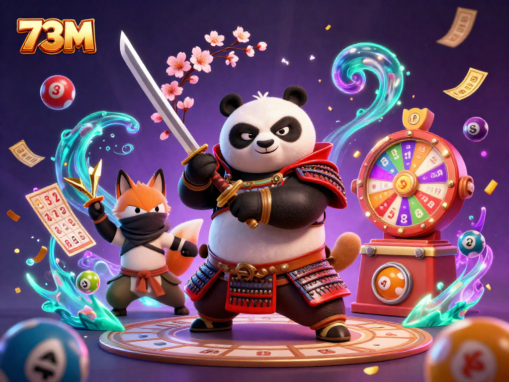Nas apostas do 73M, um panda samurai e um raposo ninja trazem sorte com elementos de bingo e loteria.