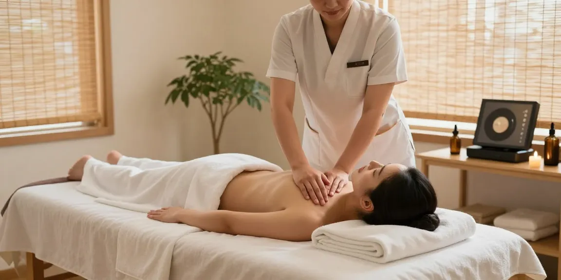 Relaxing atmosphere in a 1인샵 with soothing massage scene.