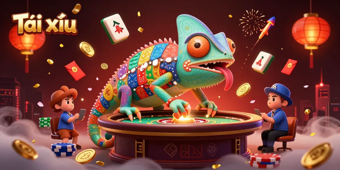 Tài xỉu game's thrilling action depicted with a colorful chameleon and vibrant casino elements.