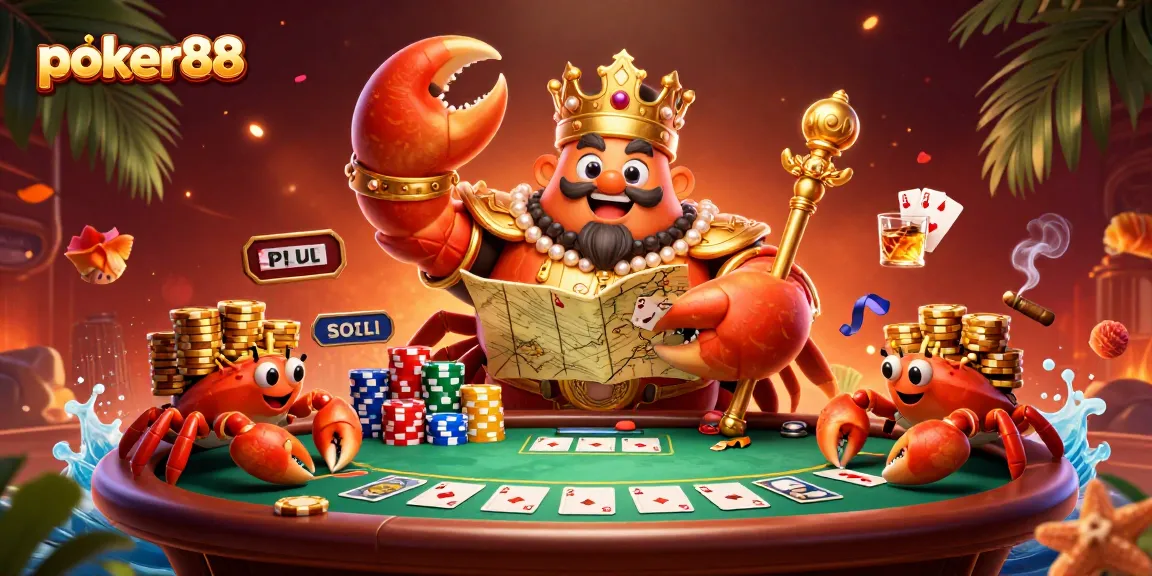 Engage in thrilling poker88 gameplay as a golden crab emperor presides over a vibrant casino scene.