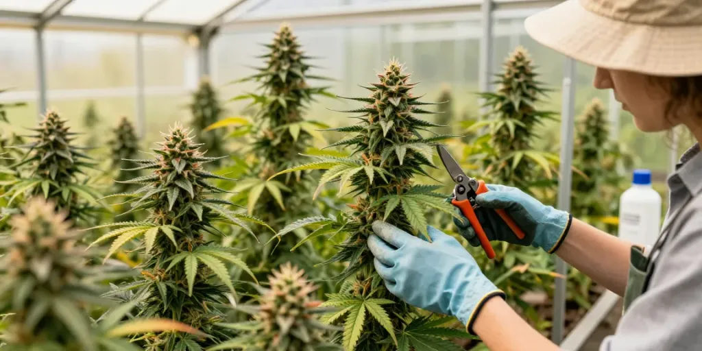 Healthy quadzaza cannabis plants thriving in a greenhouse environment with a grower inspecting them.
