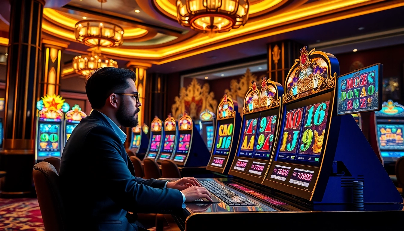 Experience the thrill of playing as you login DRAGON222 to vibrant slot machines in a luxurious casino setting.