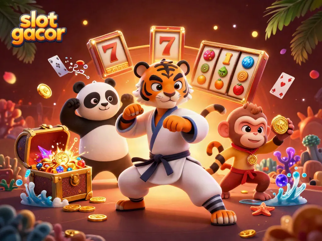 Menggenggam keberuntungan dengan bermain slot gacor, tiga karakter kartun kung fu di tengah harta karun.