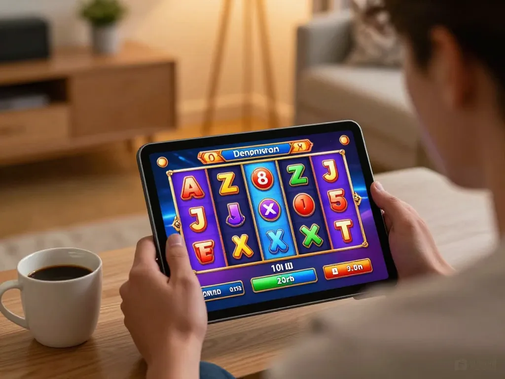 Enjoying a thrilling online slot deposit 10rb game on a cozy tablet setup at home