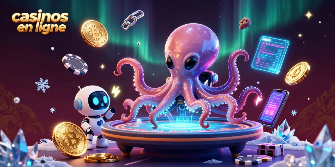 Jouez aux jeux des casinos en ligne dans une scène galactique captivante avec un poulpe et des jetons.