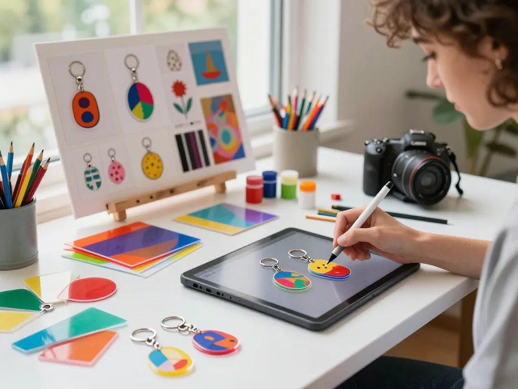Artist designing custom key chain with colorful materials and inspiration