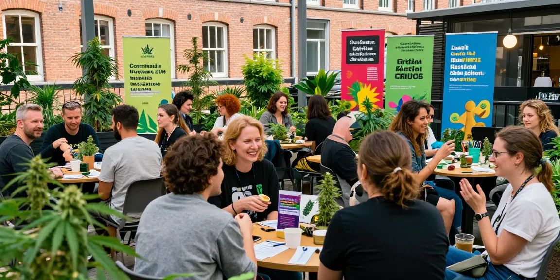Cannabis community in Hamburg enjoying a social club gathering with vibrant plants and banners promoting local cannabis events.
