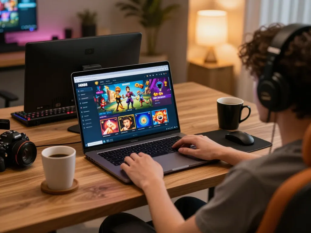 Player engaged with HB88 online gaming interface, showcasing vibrant casino graphics in a cozy room.