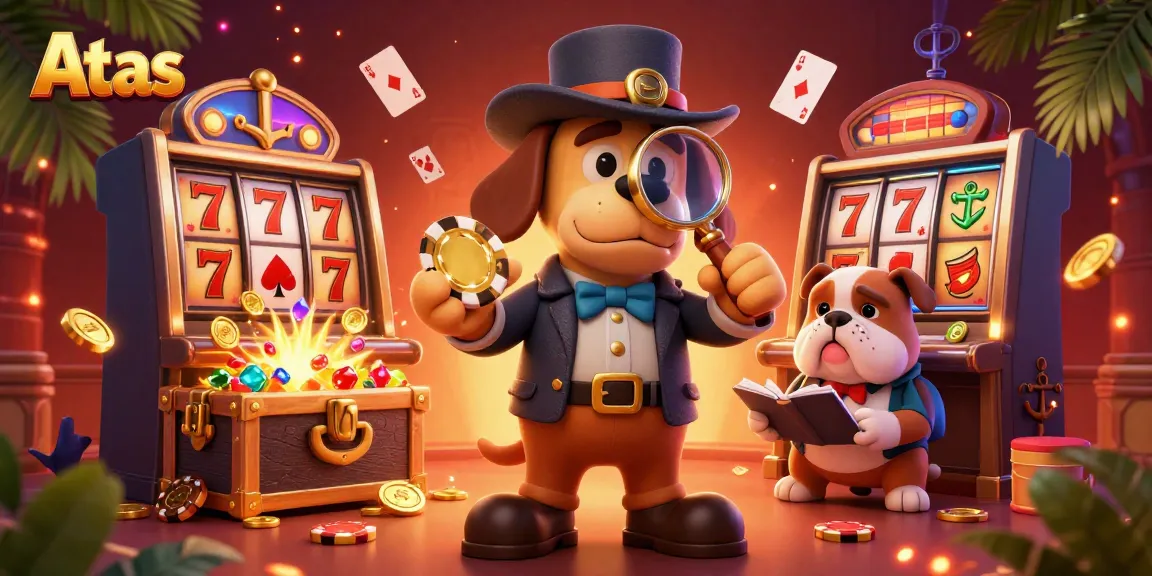 Detective bloodhound and bulldog explore the Atas casino scene with poker chip clues and exciting game elements.