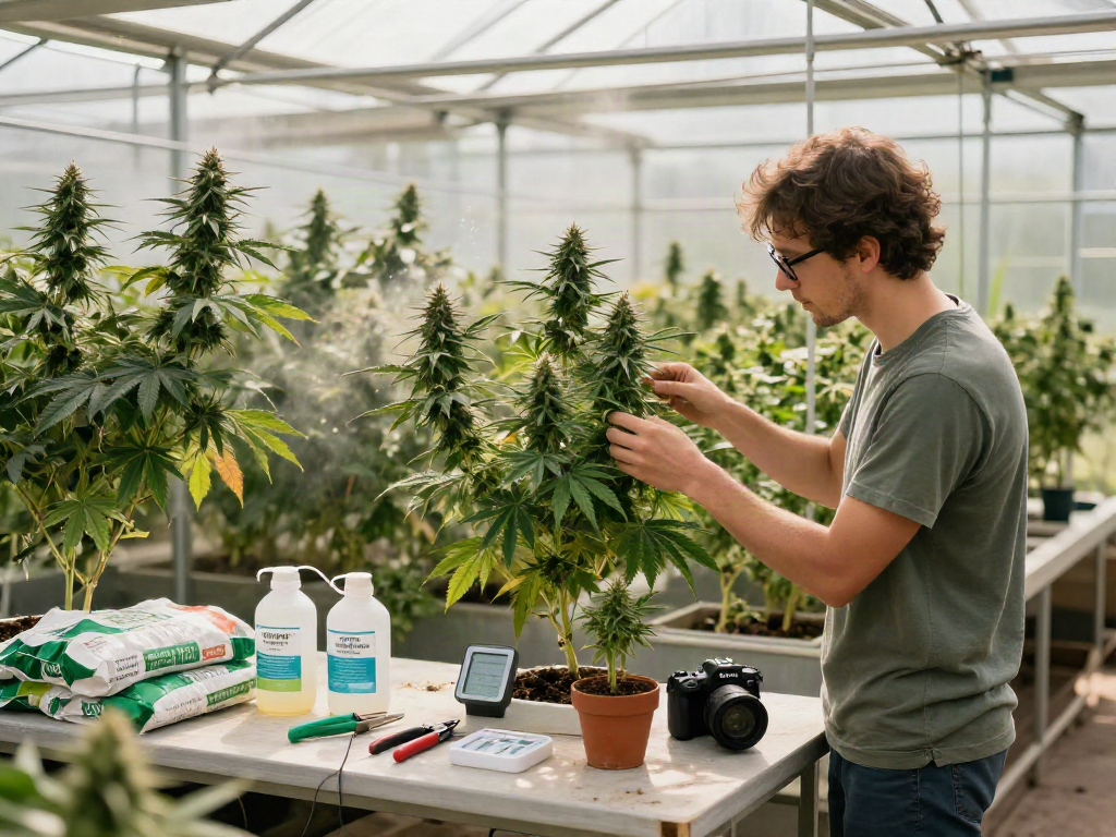 Grower inspecting vibrant Bilbao Weed plants in a lush greenhouse, showcasing cannabis cultivation.