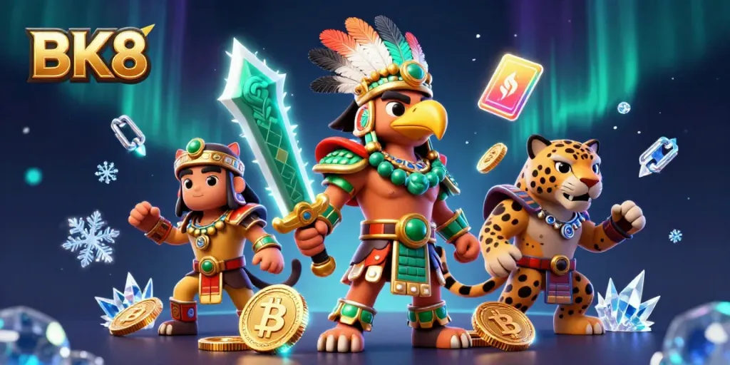 Experience thrilling action at BK8 casino, featuring vibrant 3D characters and crypto elements.