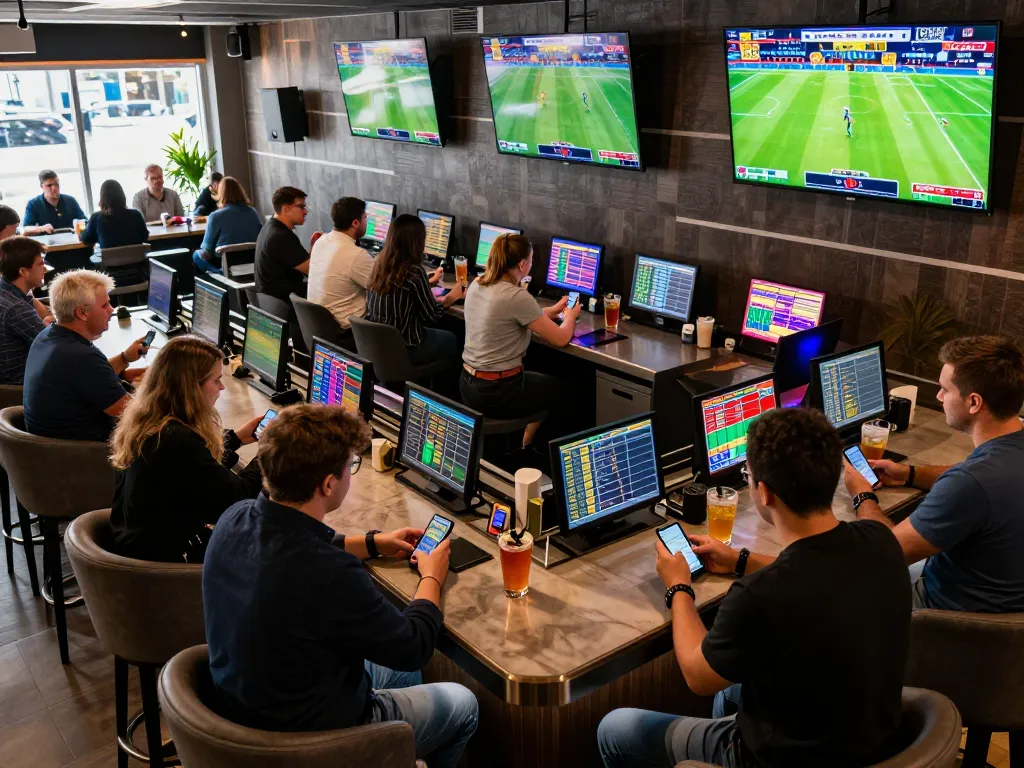 Engaged bettors analyzing kèo nhà cái in a vibrant sports betting lounge while reviewing live match odds.