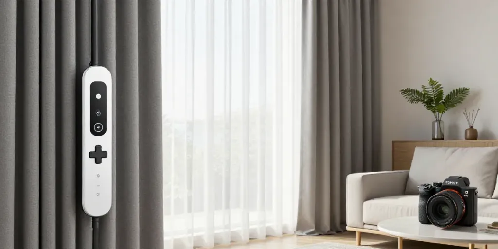 پرده برقی هوشمند in a modern living room with natural light