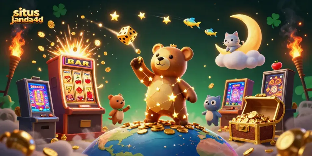 Gambar ilustrasi 3D situs janda4d, menampilkan tema kasino digital yang penuh warna dan elemen permainan.