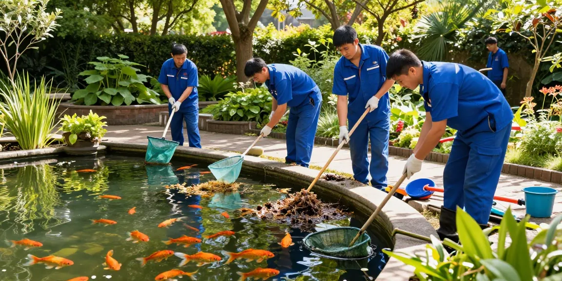 Professional Pond Cleaning Kent team clearing debris from a lush garden pond with vibrant aquatic plants while ensuring clean water quality.