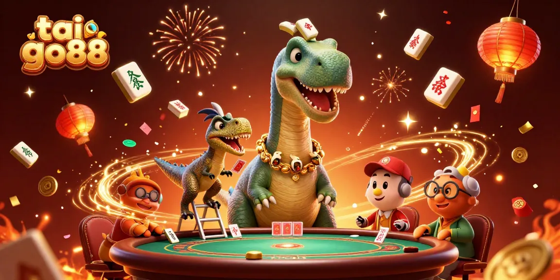 Engage in thrilling tai go88 gameplay with a colossal dinosaur dealer and vibrant casino elements.