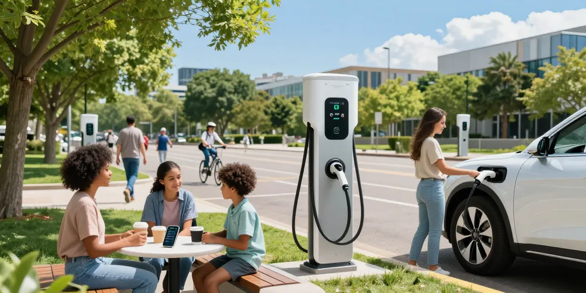 EV charger manufacturer showcasing an eco-friendly charging station in an urban park with community interaction.
