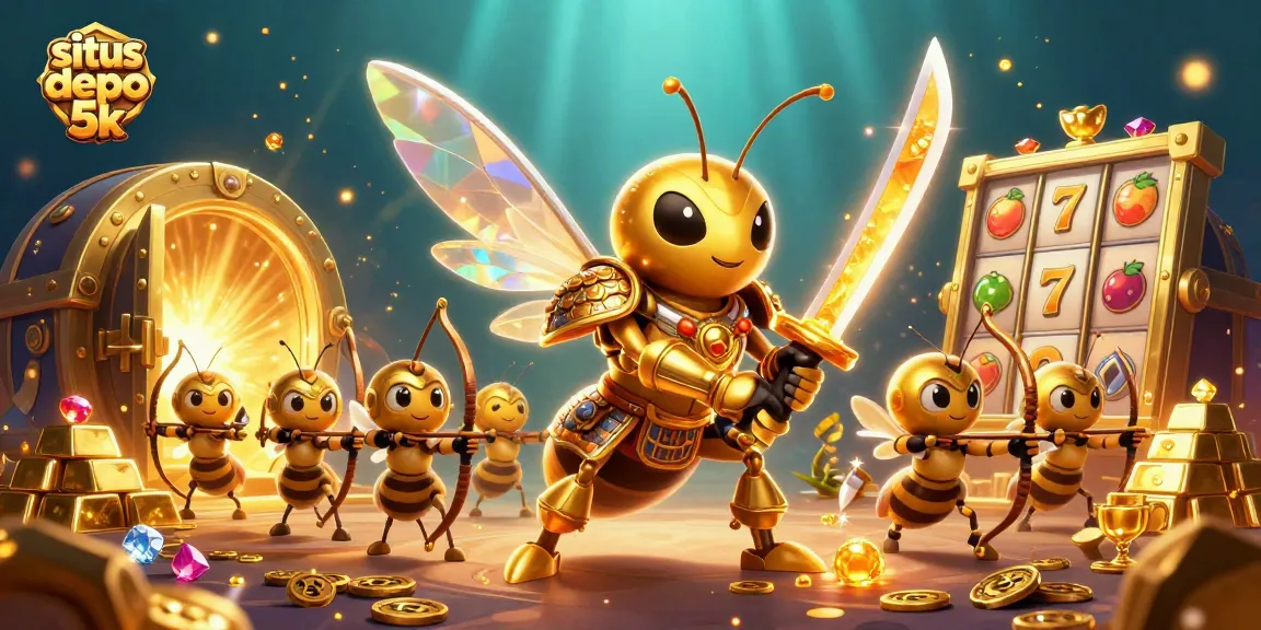 Permainan slot gacor situs depo 5k dengan hornet raksasa dan slot reels mengelilingi emas.