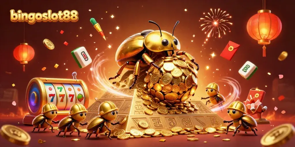 Ambil bagian dalam keseruan bingoslot88 dengan ilustrasi 3D yang menggambarkan kumbang emas melakukan permainan slot.