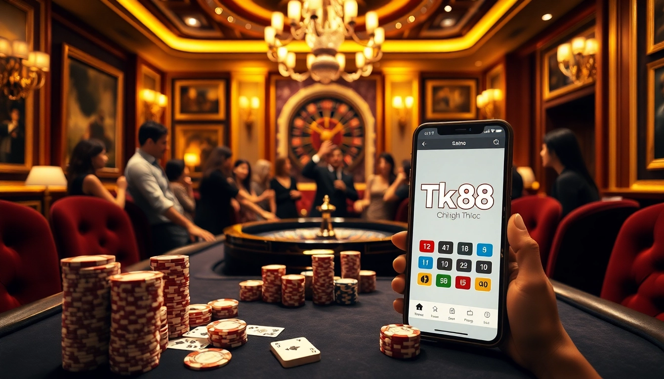 Tk88 chính thức highlights a thrilling poker scene with vibrant lighting and luxury casino decor.