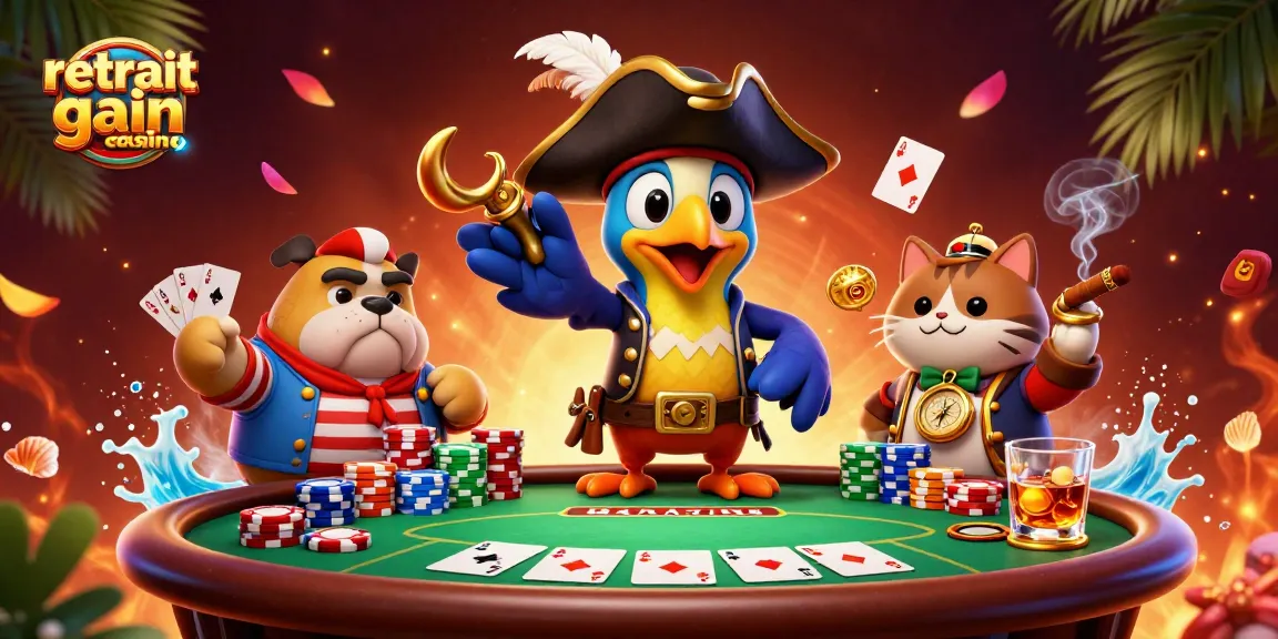 Retrait gain casino avec des personnages de pirate animés jouant autour d'une table de poker
