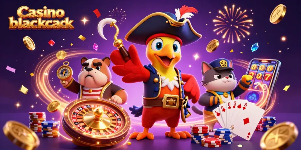 Juego emocionante de casino blackjack con personajes animados en una escena festiva.