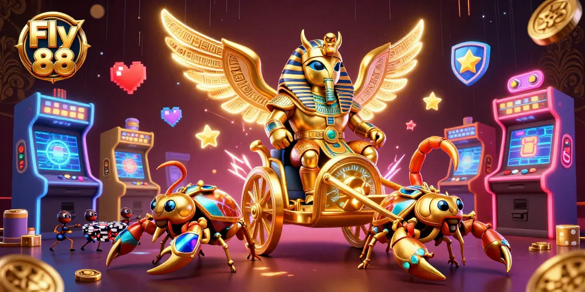 Fly 88 showcases a 3D illustrated casino with golden scarabs, jewel scorpions, and gaming elements.