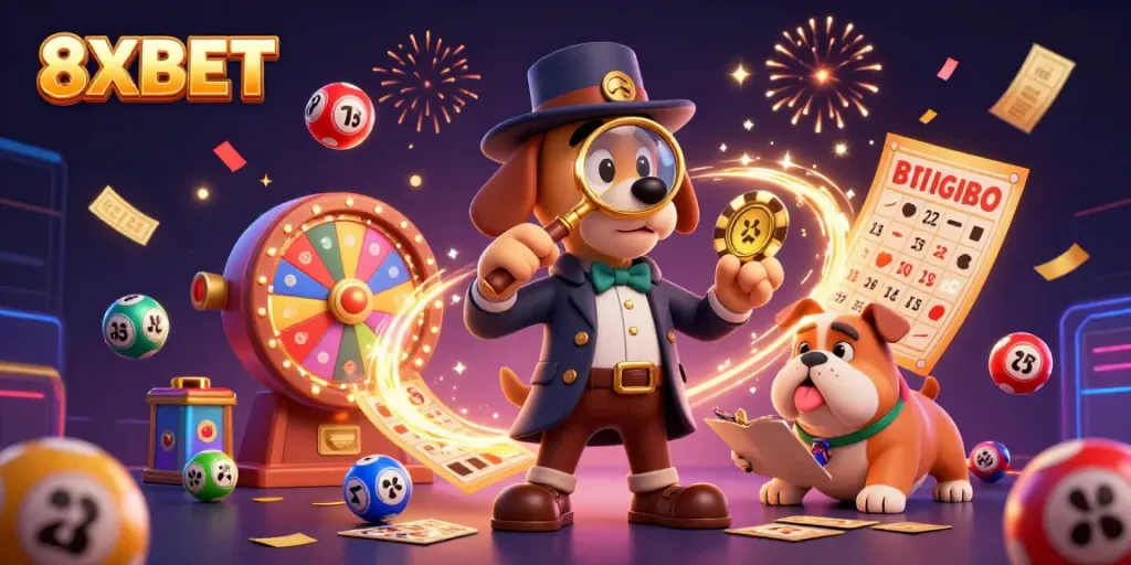 Spin to win with 8XBET as the cartoon detective pursues clues in a vibrant casino scene.