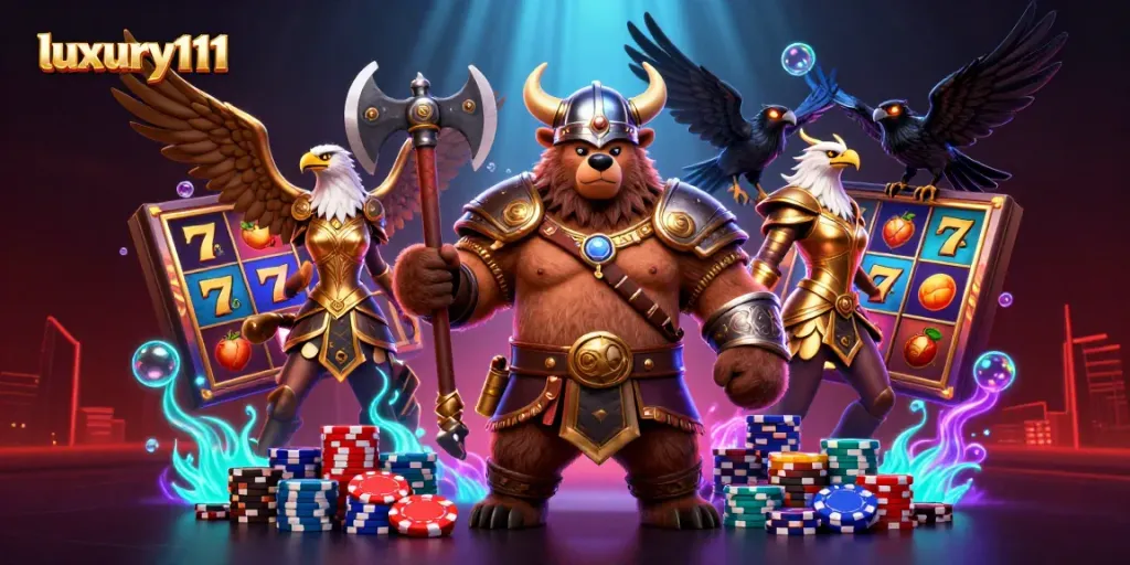 Experience thrilling slots with luxury111; Viking characters and vibrant casino elements create excitement.