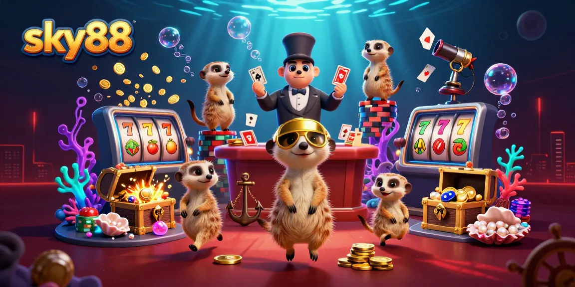 Meerkats running the sky88 casino, featuring colorful slot symbols in a vibrant underwater scene.