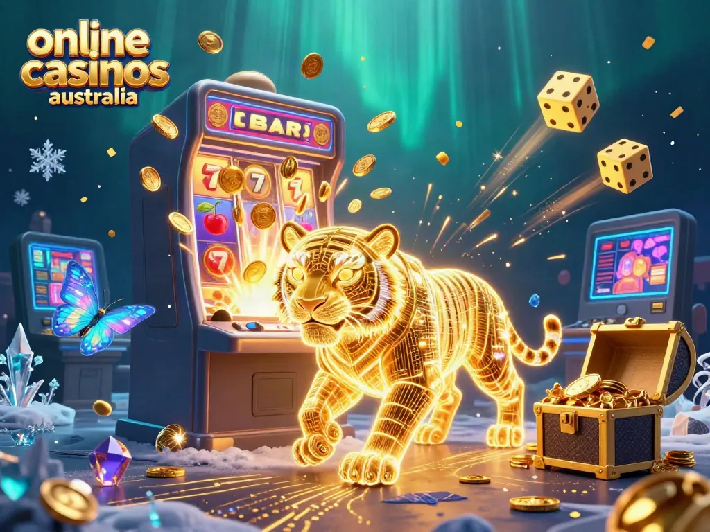 Engage with vibrant online casinos Australia scene featuring a golden tiger, slot machine, and dynamic game elements.