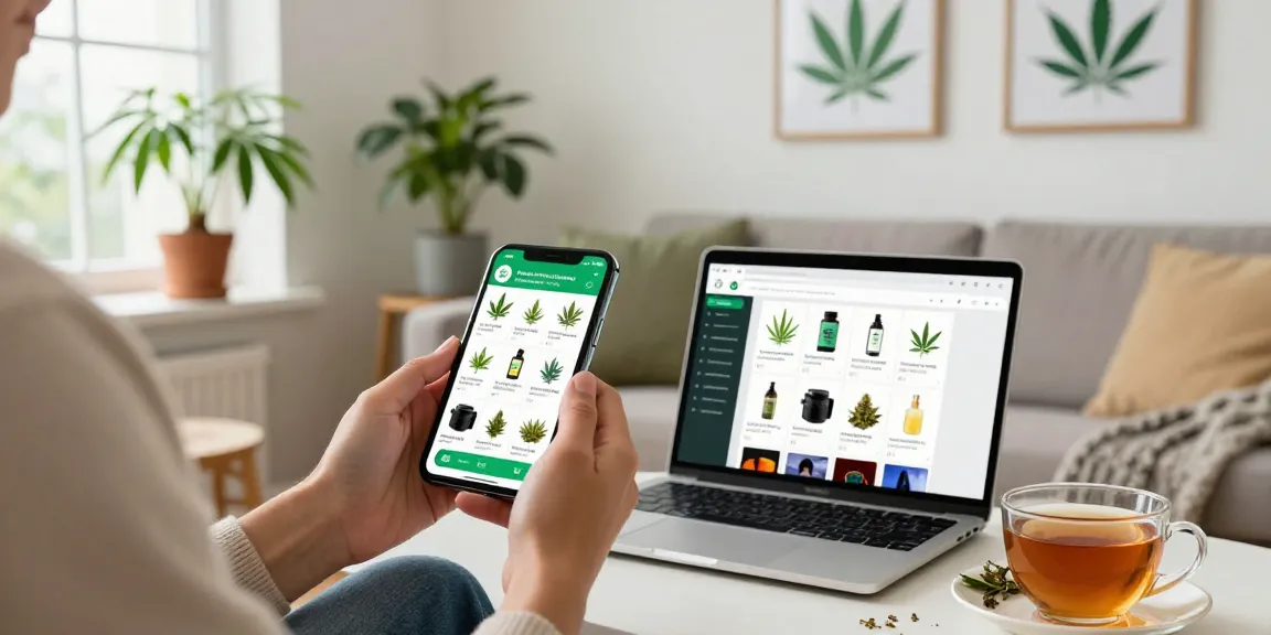 Buying weed online UK: Person browsing cannabis products on a smartphone in a cozy living room setting.